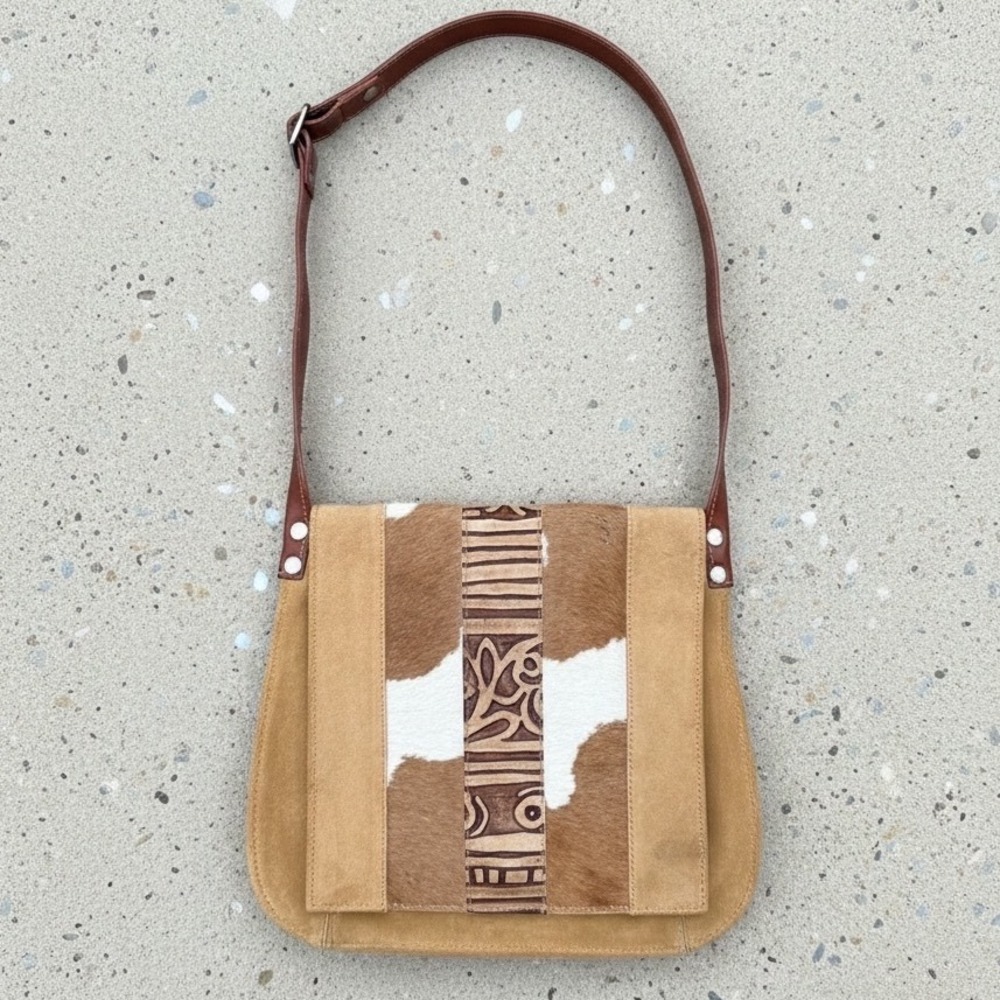 Claudia Firenze Suede Leather Western Boho Crossbody Bag Cowhide Tan Brown Italy